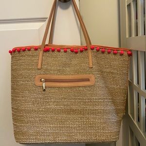Sondra Roberts Raffia Bag Tote Pink Pom Pom Trim